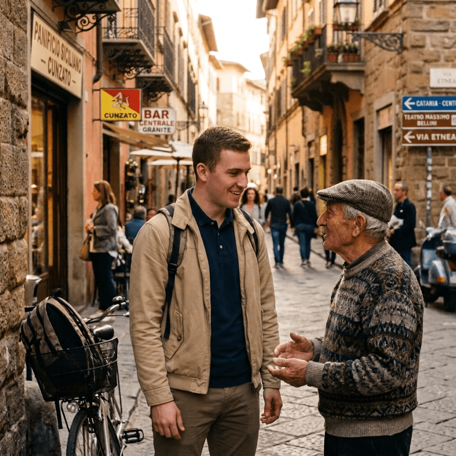 Tour guide discussing a book with an older man on a Florence street