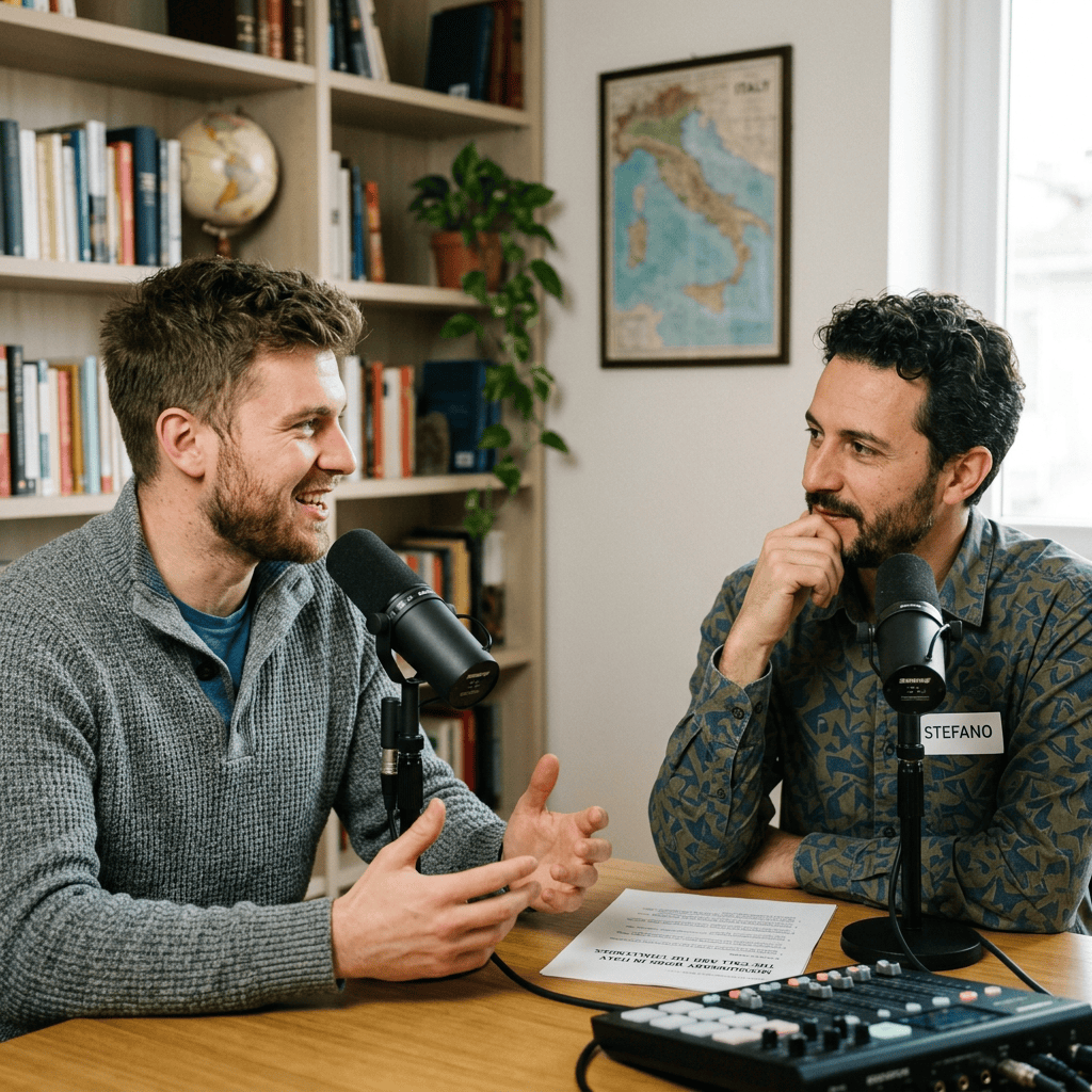 Two men recording a podcast, with Stefano labeled at right