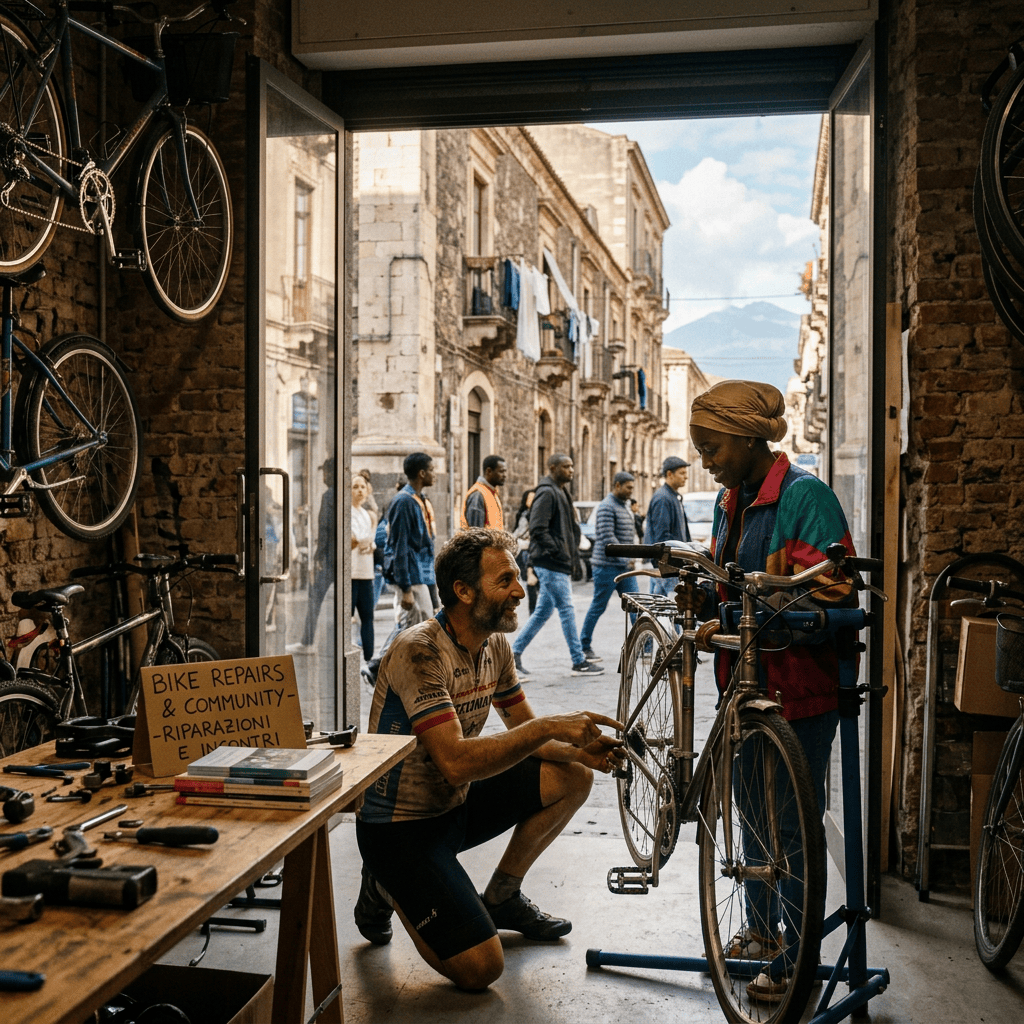 Bike mechanic helping cyclist; sign reads “BIKE REPAIRS & COMMUNITY – RIPARAZIONI E INCONTRI.”